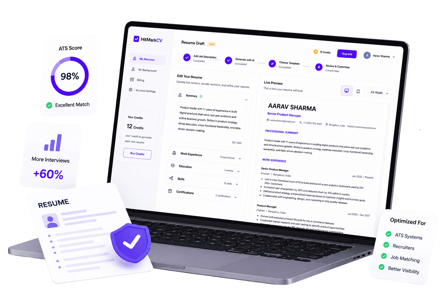 HitMarkCV dashboard showing an AI-generated resume with a live preview